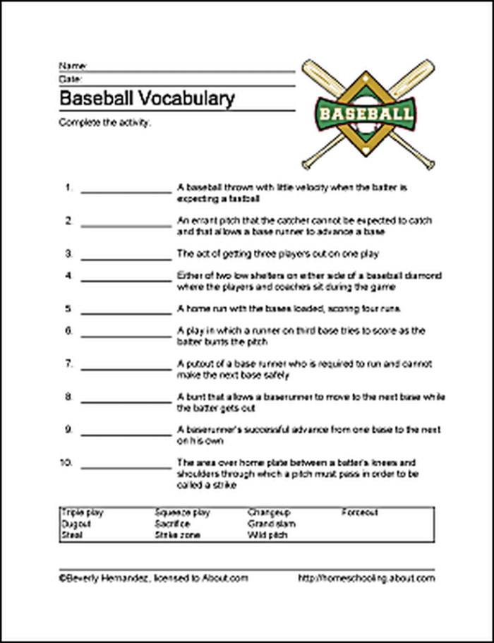 Worksheet image featuring baseball terms for educational use in geometry lessons for third grade students Baseball vocabulary matching worksheet designed for third graders to enhance their understanding of sports lingo