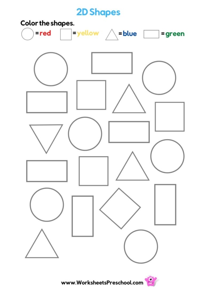 Basic Shapes: Color and Count Worksheet for early geometry skills Worksheet featuring basic shapes for coloring and counting in a kindergarten math challenge