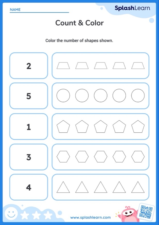 Math Puzzles worksheet for Kindergarten Colorful Basic Shapes worksheet for kindergarten, focusing on counting and coloring activities. Engaging math puzzle for early geometry skill development.
