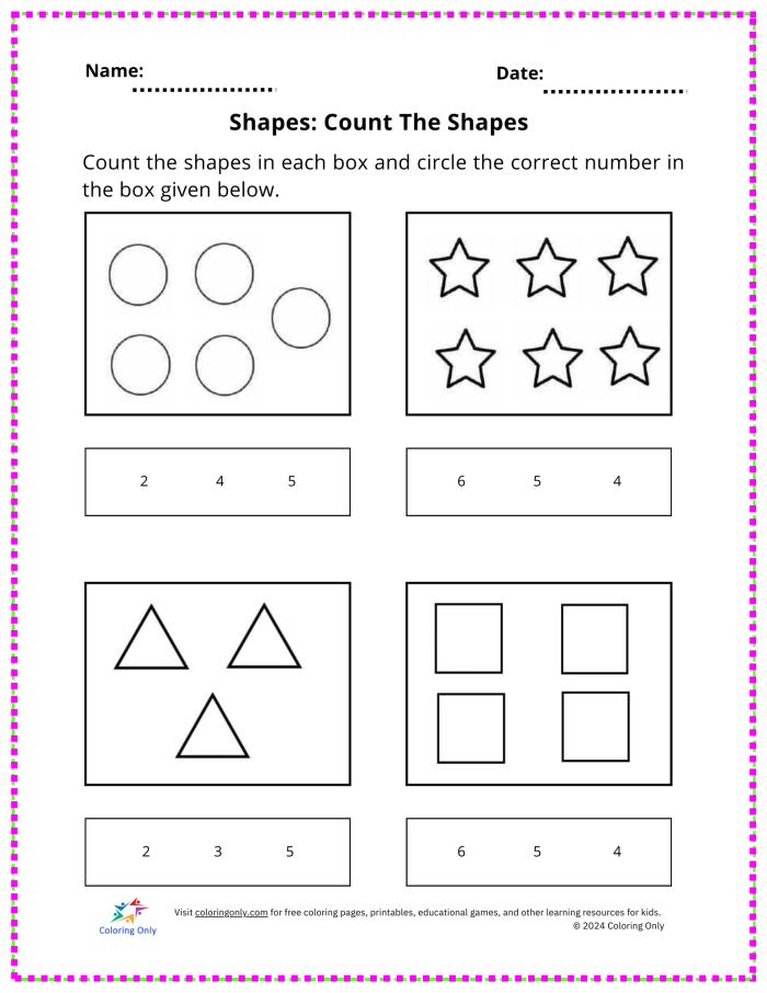 Engaging shape challenge for early geometry skills development Colorful Basic Shapes worksheet for Kindergarten students to count and color