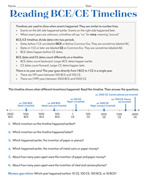 Worksheet for understanding and analyzing BCE/CE timelines in social studies BCE/CE timelines worksheet for sixth graders focusing on reading and interpretation skills