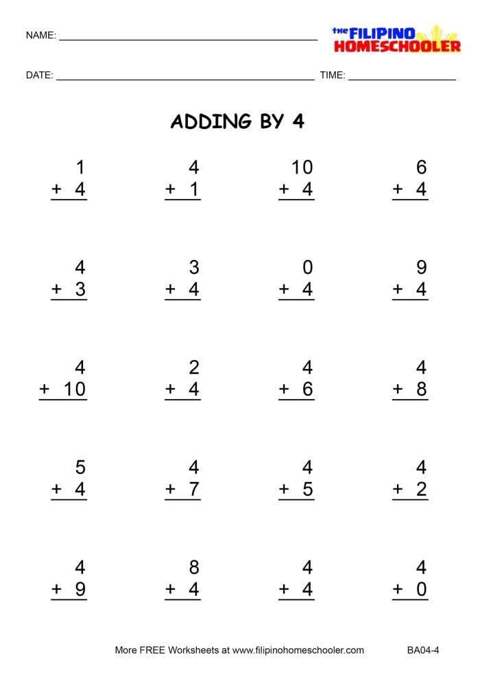 Adding Four Practice Problems for Beginning Math Learners First grade math worksheet showing addition problems with the number 4 added to single digit numbers up to 10