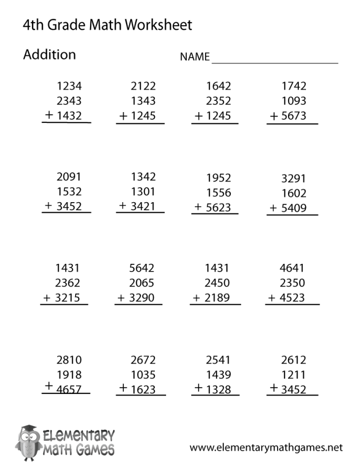 Adding Four to Numbers Within 10 Practice Sheet for Grade 1 First grade addition worksheet showing practice problems for adding four to single digit numbers