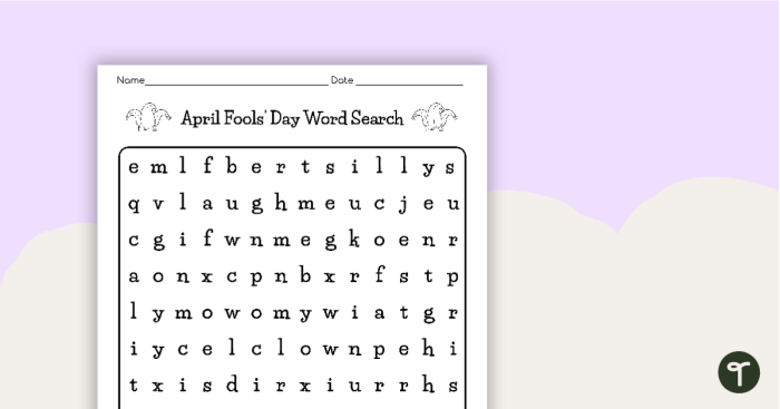 First grade students completing an April Fools' Day word search worksheet with silly hidden words