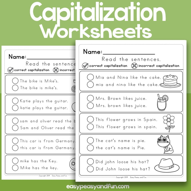 Worksheet preview showing capitalization practice problems for early elementary learners First grade students completing a capitalization correction exercise with sentences needing capital letters at the beginning