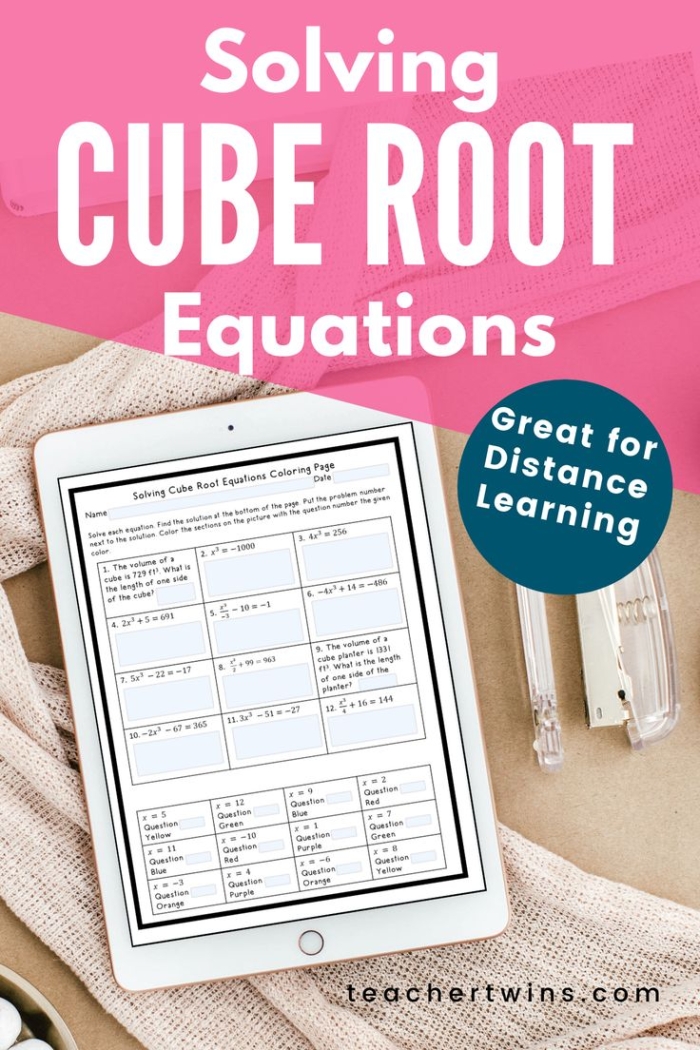 Practice problems for isolating variables in equations containing cubed terms and cube roots Eighth grade student solving cubic equations with cube root operations on a math worksheet