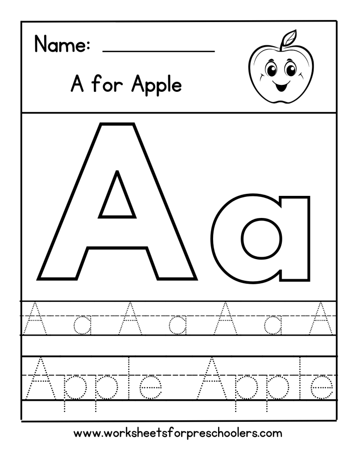 Letter A practice activity showing apple coloring with letter tracing for beginning writers Child coloring apples while practicing uppercase letter A tracing and writing exercises on a Pre-K worksheet