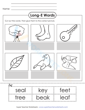 Long E Words Reading Activity for Early Learners Worksheet 17 First grade long e sound words sorting worksheet with pictures and word choices