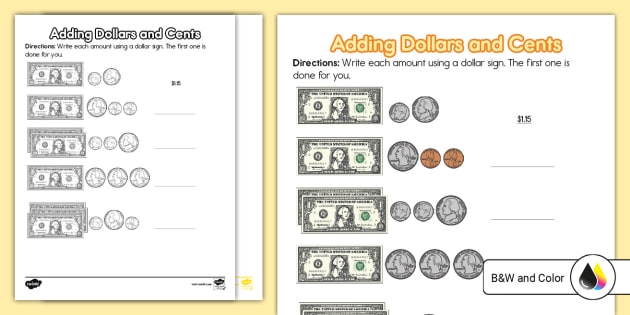Adding dollars and coins practice sheet for elementary students learning money math skills Second grade math worksheet showing coins and dollar bills next to a jacket with addition problems to calculate the total cost
