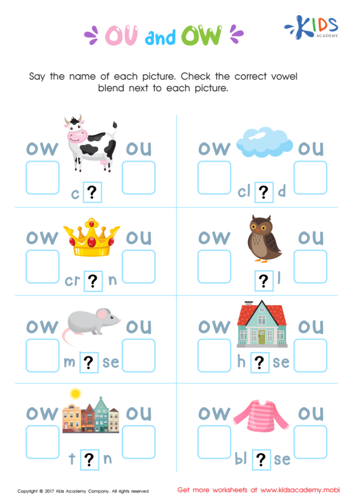 First grade worksheet showing words with the ou vowel diphthong for reading practice and decoding skills
