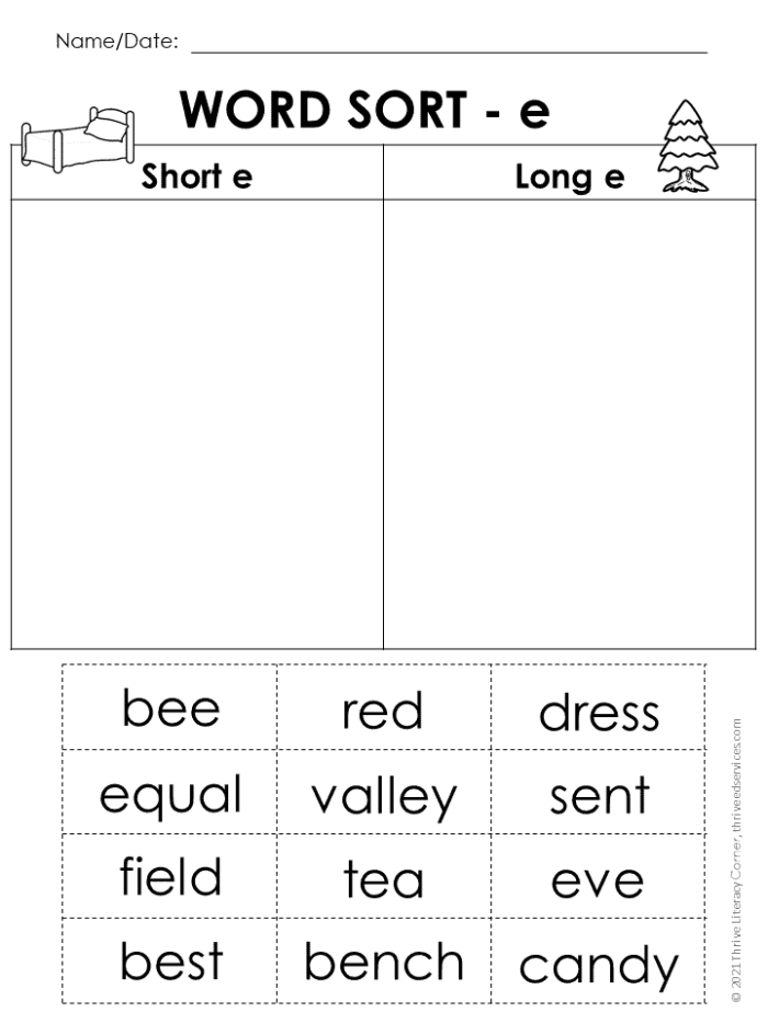 Long E Words Sorting Activity for Beginning Readers First grade student sorting words with long e sound for phonics practice
