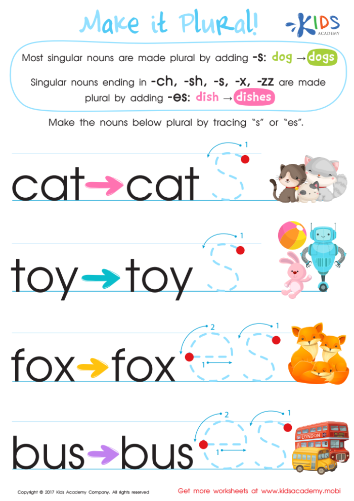 Third grade worksheet showing regular singular nouns converted to plural forms for time and money practice