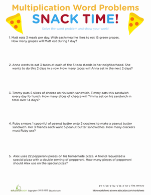Snack Time Multiplication Practice Problems for Elementary Students Third grade multiplication word problems featuring snack time scenarios with times tables and double-digit equations