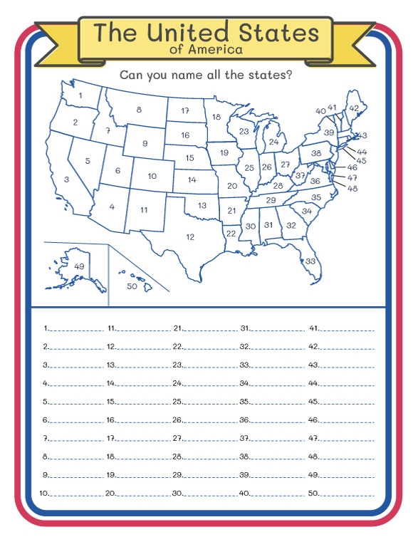 A third grade student matching state names to unlabeled locations on a United States map worksheet