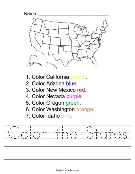 A third grade student matching state names to blank regions on a United States map worksheet