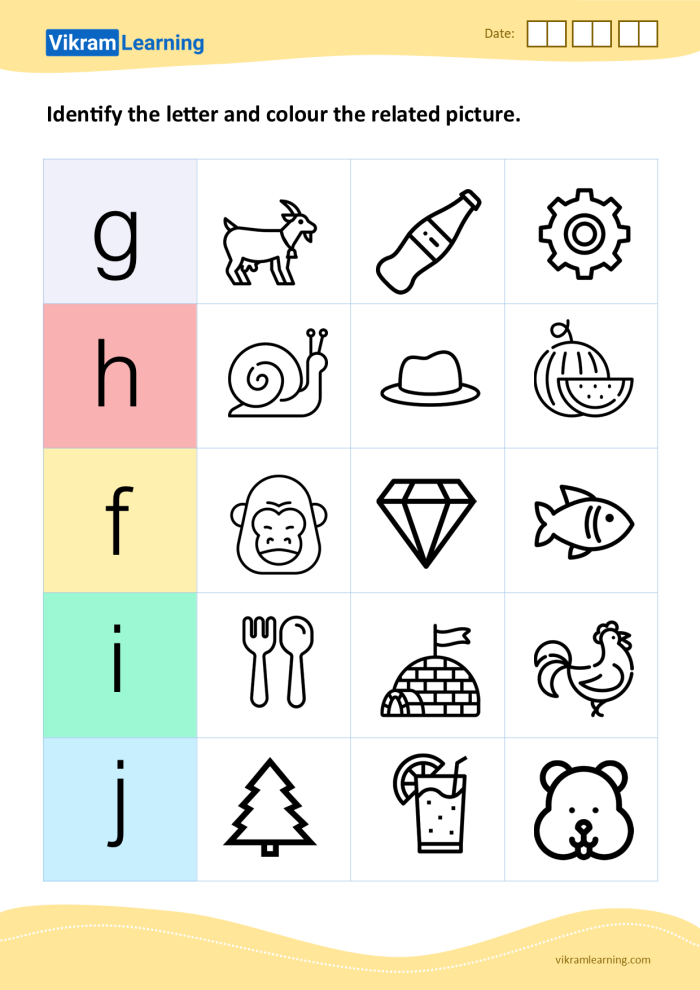 Phonics activity sheet focusing on connecting beginning sounds to letters F through J Beginning sounds phonics worksheet for letters F to J designed for kindergarten students