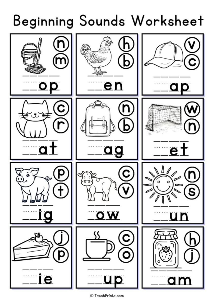 Worksheet image illustrating P to T beginning sounds for young learners Beginning sounds worksheet for kindergarten featuring matching pictures from P to T