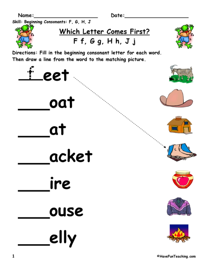 Phonics activity sheet for connecting initial sounds with letters F through J Beginning sounds worksheet featuring letters F to J for kindergarten students