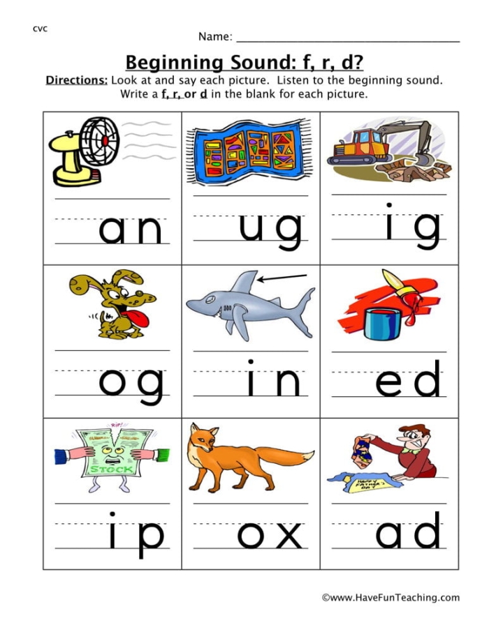 Phonics activity focusing on initial sounds from F to J for early learners Beginning sounds worksheet for letters F to J designed for kindergarten students