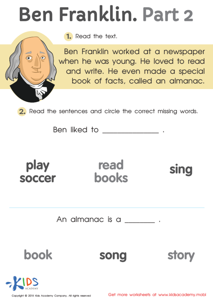 Benjamin Franklin Historical Heroes Learning Activity for Elementary Students Second grade worksheet featuring Benjamin Franklin activities and facts for young learners