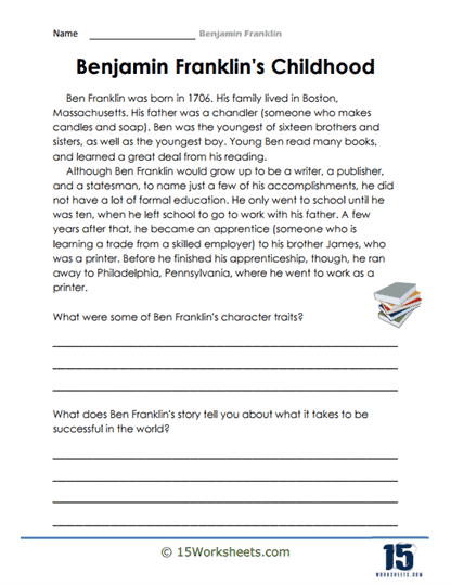 Benjamin Franklin Learning Activity for Young Writers A second grade worksheet about Benjamin Franklin with writing activities and fun facts about the famous American historical figure