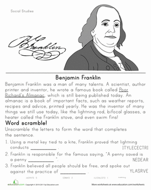 Benjamin Franklin Learning Activity for Young Students Second grade worksheet about Benjamin Franklin with writing activities and fun facts about the famous American inventor and founding father