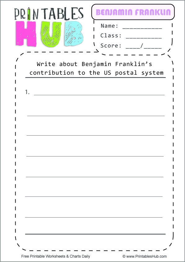 Benjamin Franklin Famous American Hero Learning Activity for Young Learners Benjamin Franklin portrait and biography worksheet for second grade students learning about American historical figures