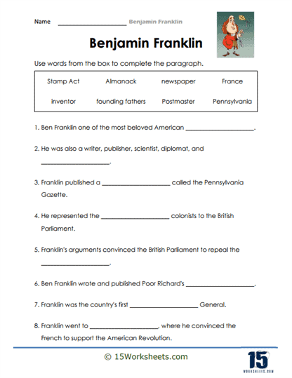 Benjamin Franklin Biography Learning Activity for Young Students Second grade students learning about Benjamin Franklin's life and accomplishments through an educational worksheet activity