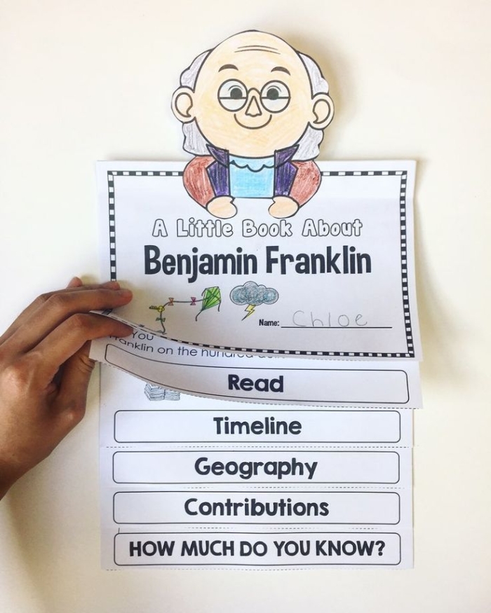 Famous American Benjamin Franklin biography activity for young learners Benjamin Franklin historical figure portrait for second grade learning worksheet