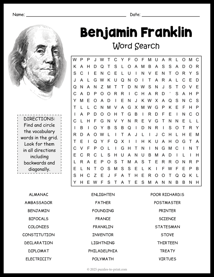 Benjamin Franklin Learning Activity for Young Students A second grade worksheet page featuring Benjamin Franklin with writing prompts and illustrations for students to complete activities about his life and accomplishments