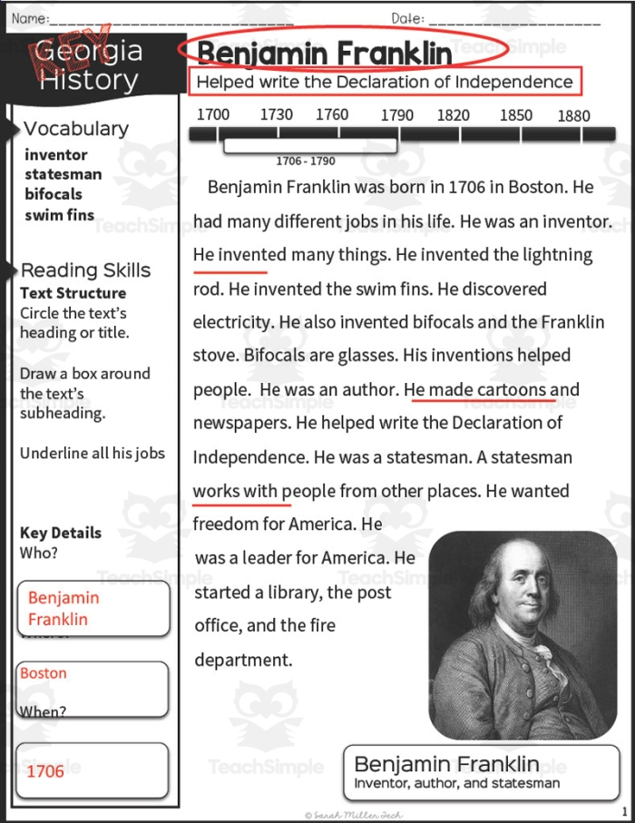 Benjamin Franklin Historical Figure Learning Activity for Young Writers Second grade students learning about Benjamin Franklin with a worksheet activity for writing practice