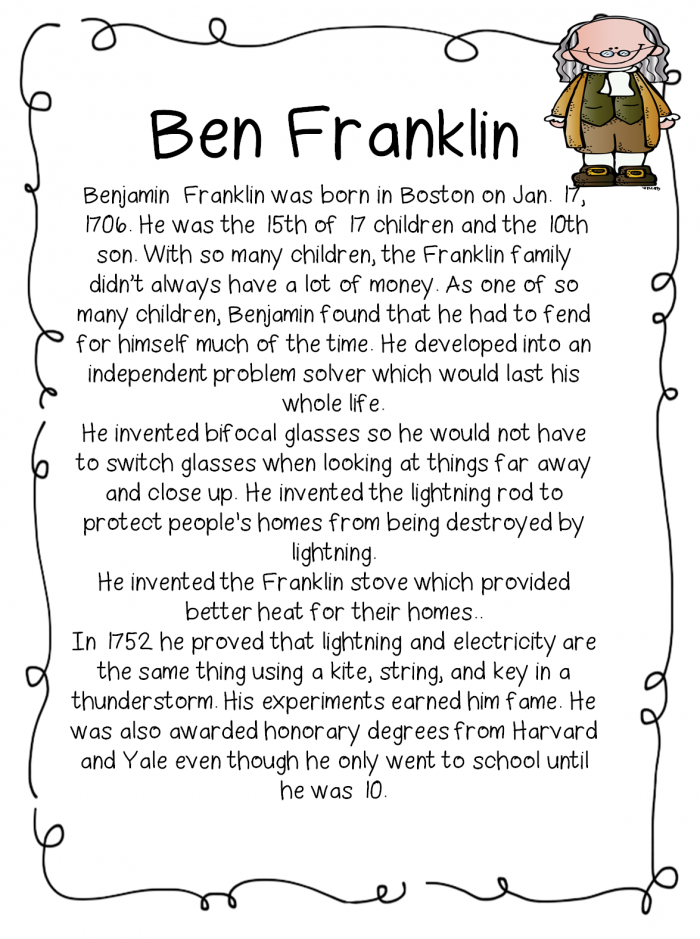 Benjamin Franklin Historical Heroes Learning Activity for Young Students A second grade worksheet about Benjamin Franklin with writing activities and facts about the famous American inventor and founding father
