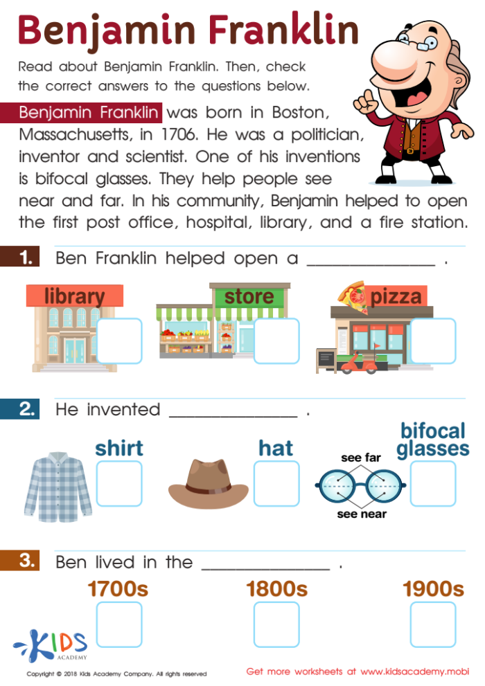 Benjamin Franklin Biography Learning Activity for Young Students Second grade worksheet featuring Benjamin Franklin facts and writing activities for learning about historical American figures