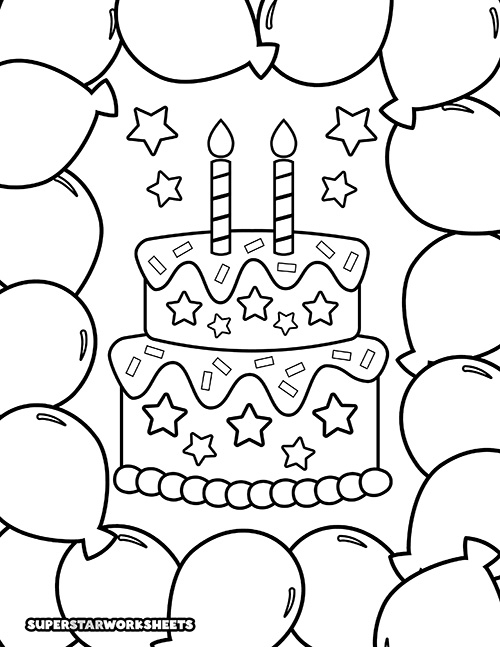 Birthday cake coloring page with candles, balloons, and a birthday greeting for Pre-K learners