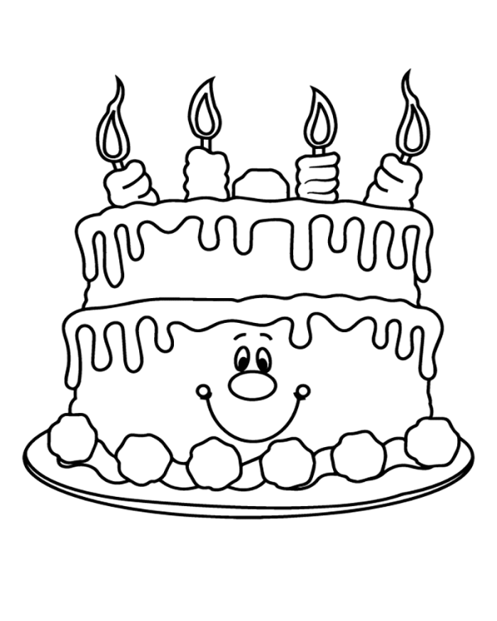 Birthday cake coloring worksheet with candles, balloons, and a festive birthday greeting for young children
