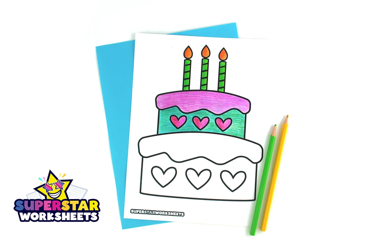 Birthday cake coloring sheet with balloons, candles, and a birthday greeting for young learners