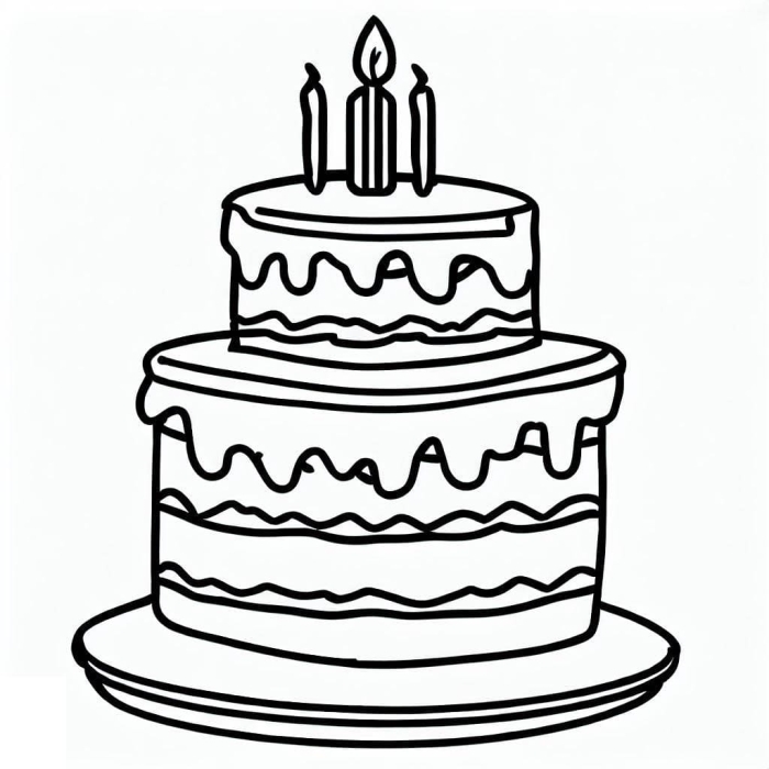 Birthday cake coloring sheet with candles, balloons, and a festive birthday note for Pre-K learners