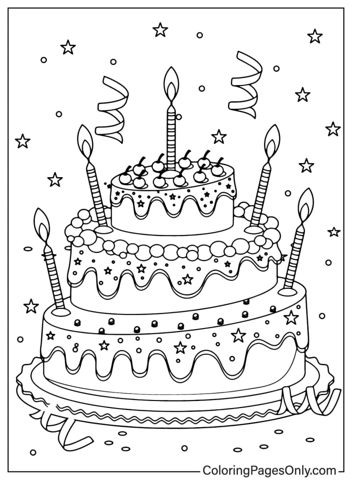 Birthday cake coloring page with candles, balloons, and a festive birthday note for Pre-K learners