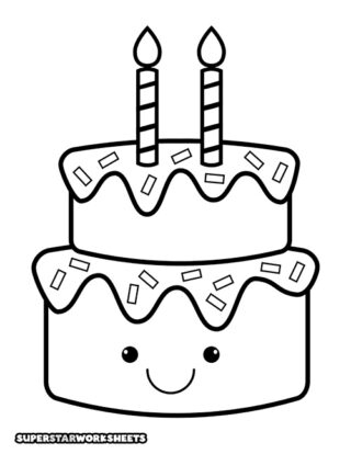 Birthday cake coloring page with candles, balloons, and a birthday greeting for Pre-K learners