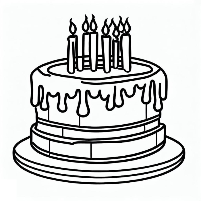 Birthday cake coloring page with candles, balloons, and a birthday greeting for Pre-K learners
