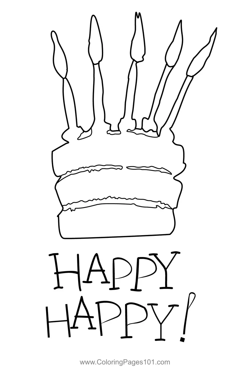Birthday cake coloring page with candles, balloons, and a birthday greeting for young learners