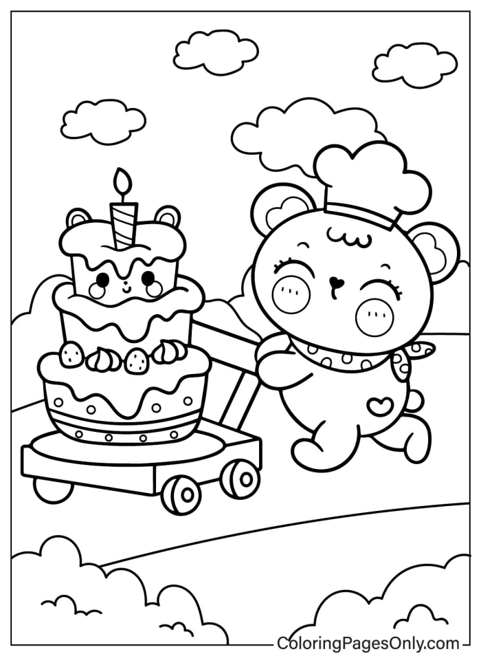 Birthday cake coloring page with balloons, candles, and a happy birthday message for Pre-K