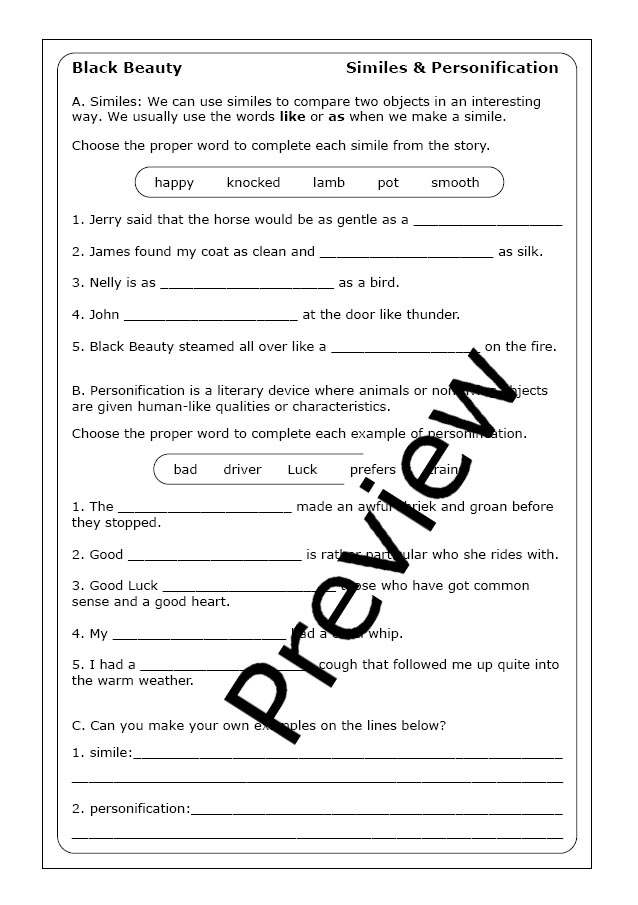 Black Beauty themed reading and math worksheet for fifth graders with fractions focus Fifth grade worksheet combining reading comprehension and fractions using Black Beauty passage