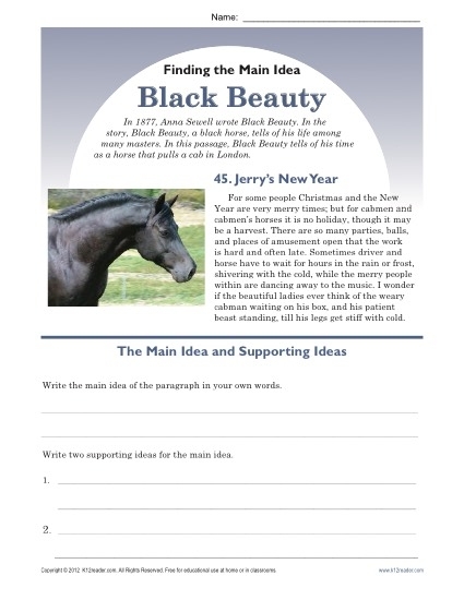 Black Beauty reading comprehension exercise for fifth grade learners on fractions Fifth grade worksheet focused on reading comprehension using a Black Beauty excerpt
