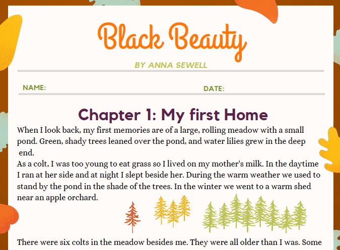 Black Beauty reading comprehension activity for fifth grade students, image 25 Fifth grade worksheet for reading comprehension featuring a passage from Black Beauty