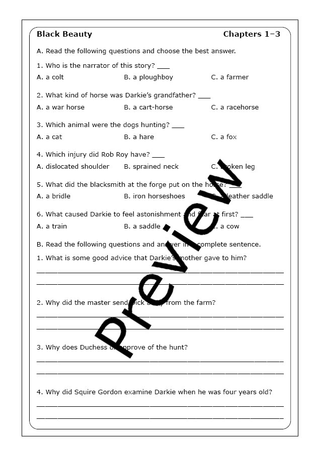 Engage fifth graders with a Black Beauty themed fractions worksheet for reading skills improvement Fifth grade worksheet combining fractions and reading comprehension using Black Beauty passage
