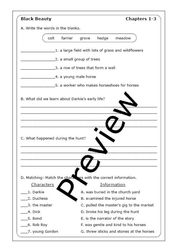 Black Beauty reading comprehension worksheet for grade 5 with fraction activities, page 20 Fifth grade worksheet on reading comprehension using Black Beauty excerpt focused on fractions