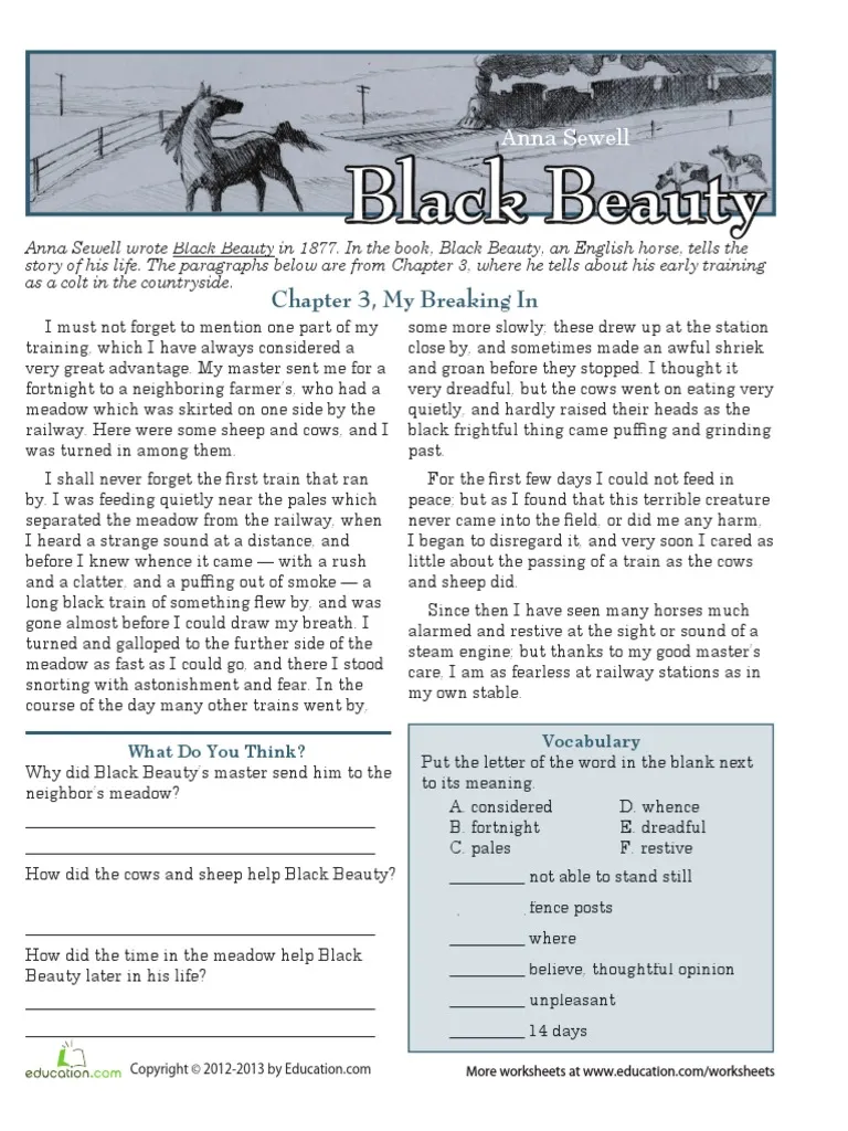 Black Beauty reading and fractions comprehension worksheet for grade five students, image 23 Fifth grade worksheet on reading comprehension featuring a Black Beauty passage and fraction problems