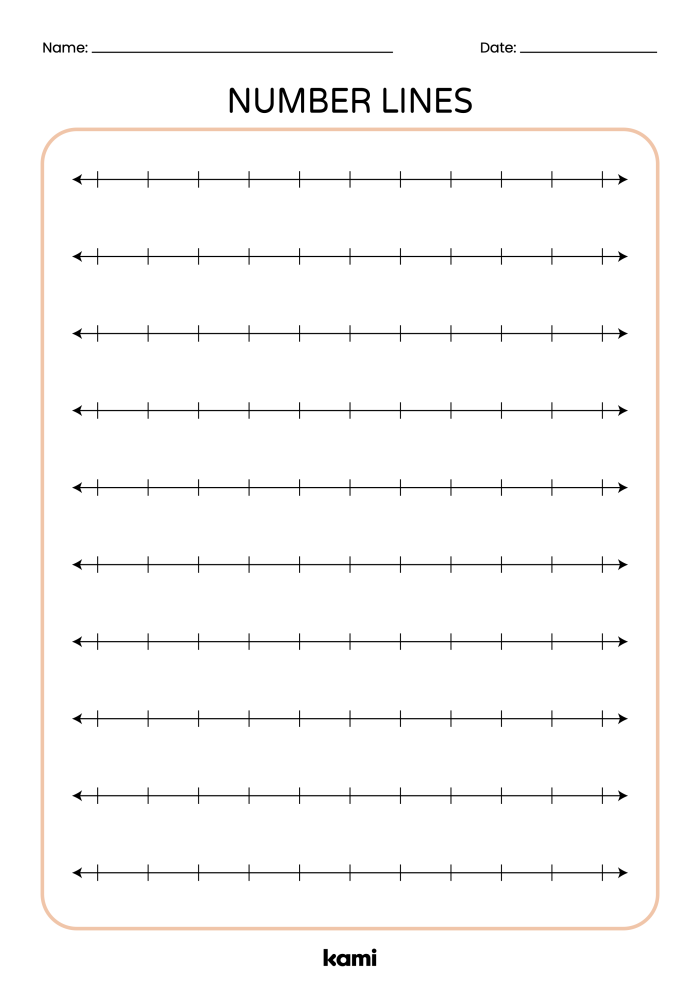Blank number line template with empty tick marks and spaces for second grade math practice