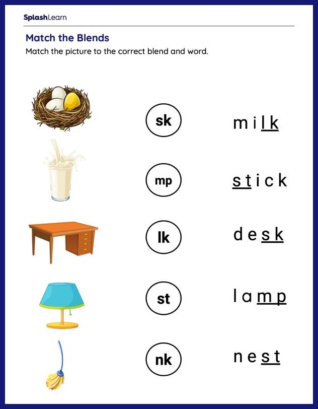 Spelling practice activity for ending blends, image 2 in the series First Grade Ending Consonant Blends worksheet with mixed-up word parts to match